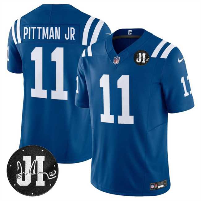 Mens Indianapolis Colts #11 Michael Pittman Jr. Blue 2025 F.U.S.E. Jim Irsay Patch Vapor Limited Stitched Jersey Dzhi