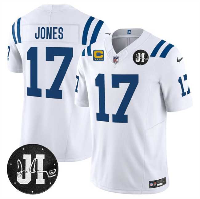Mens Indianapolis Colts #17 Daniel Jones White 2025 F.U.S.E. With 4-Star C Patch And Jim Irsay Patch Vapor Limited Stitched Jersey Dzhi