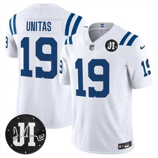 Mens Indianapolis Colts #19 Johnny Unitas White 2025 F.U.S.E. Jim Irsay Patch Vapor Limited Stitched Jersey Dzhi