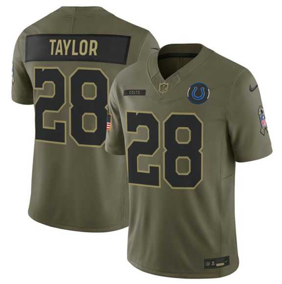 Mens Indianapolis Colts #28 Jonathan Taylor Olive 2025 Salute to Service Limited Stitched Jersey Dyin