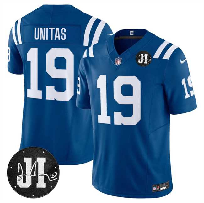 Mens Indianapolis Colts #19 Johnny Unitas Blue 2025 F.U.S.E. Jim Irsay Patch Vapor Limited Stitched Jersey Dzhi