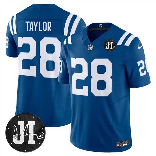 Mens Indianapolis Colts #28 Jonathan Taylor Blue 2025 F.U.S.E. Jim Irsay Patch Vapor Limited Stitched Jersey Dzhi