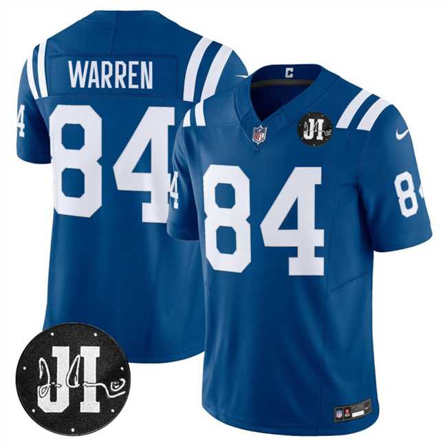 Mens Indianapolis Colts #84 Tyler Warren Blue 2025 F.U.S.E. Jim Irsay Patch Vapor Limited Stitched Jersey Dzhi