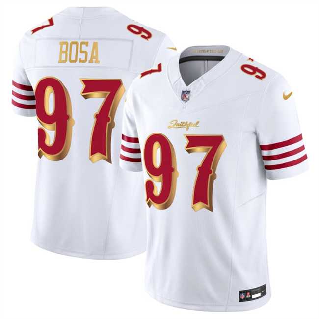 Mens San Francisco 49ers #97 Nick Bosa White Gold 2025 F.U.S.E. Rivalries Vapor Limited Stitched Jersey->->