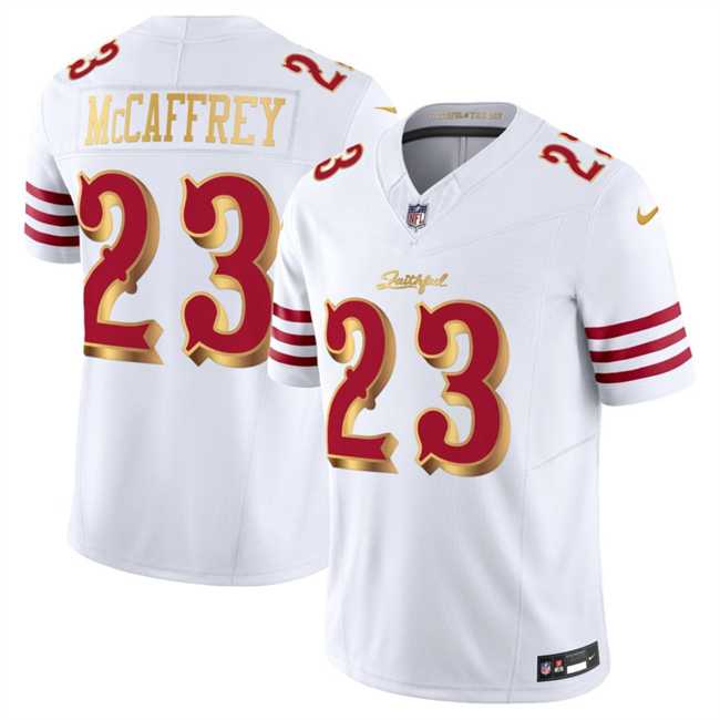Mens San Francisco 49ers #23 Christian McCaffrey White Gold 2025 F.U.S.E. Rivalries Vapor Limited Stitched Jersey->->