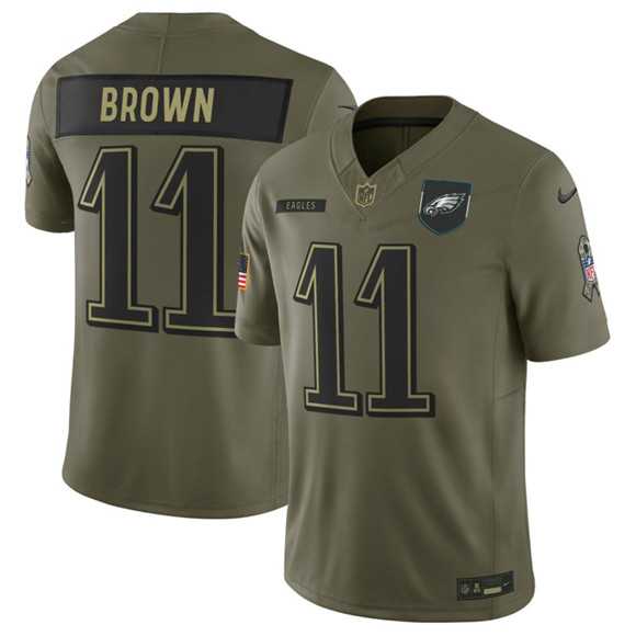 Mens Philadelphia Eagles #11 A.J. Brown Olive 2025 Salute to Service Limited Stitched Jersey Dyin