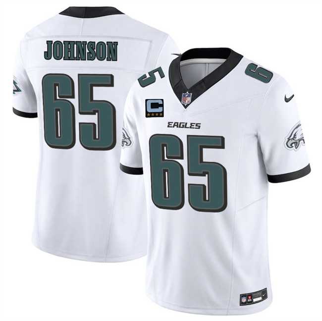 Mens Philadelphia Eagles #65 Lane Johnson White 2025 F.U.S.E. With 4-Star C Patch Vapor Untouchable Limited Stitched Jersey Dzhi