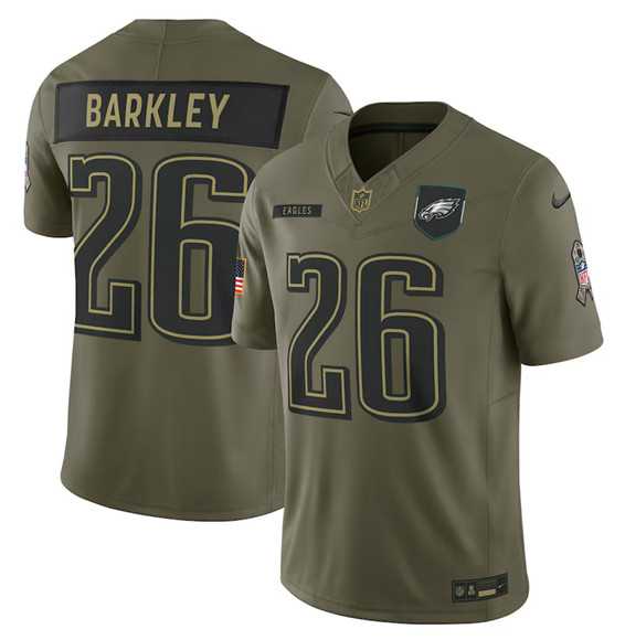 Mens Philadelphia Eagles #26 Saquon Barkley Olive 2025 Salute to Service Limited Stitched Jersey Dyin