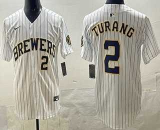 Mens Milwaukee Brewers #2 Brice Turang White Limited Jersey