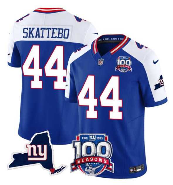 Men & Women & Youth New York Giants #44 Cam Skattebo Royal White 2025 Draft F.U.S.E. 100th Season & State Patch Vapor Limited Stitched Jersey