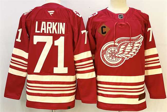 Mens Detroit Red Wings #71 Dylan Larkin Red 2025-26 With C Patch Centennial Premium Stitched Jersey