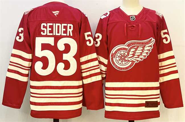 Mens Detroit Red Wings #53 Moritz Seider Red 2025-26 Centennial Premium Stitched Jersey