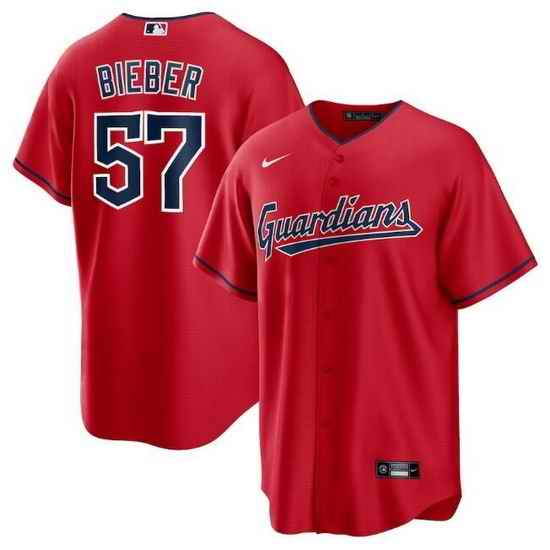 Men Cleveland Guardians #57 Shane Bieber Red Cool Base Stitched Baseball Jerse