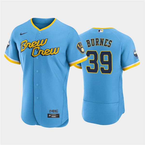 Men's Milwaukee Brewers #39 Corbin Burnes Powder Blue 2022 City Connect Flex Base Stitched Jersey