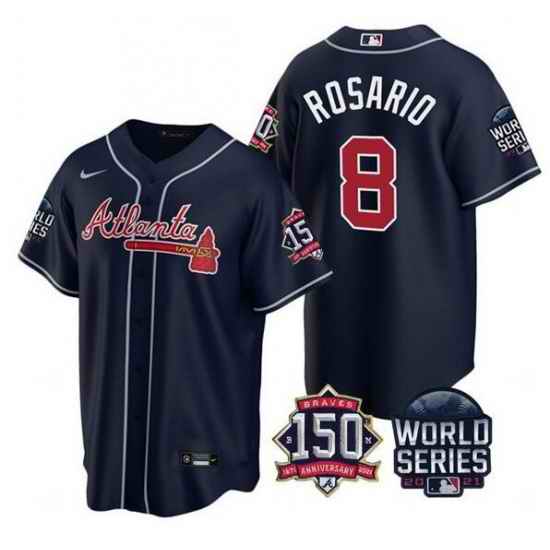 Men Atlanta Braves #8 Eddie Rosario 2021 Navy World Series With 150th Anniversary Patch Cool Base Stitched Jersey