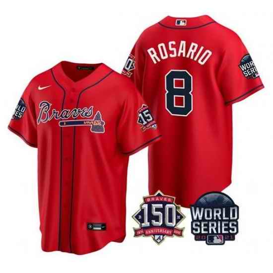 Men Atlanta Braves #8 Eddie Rosario 2021 Red World Series With 150th Anniversary Patch Cool Base Stitched Jersey