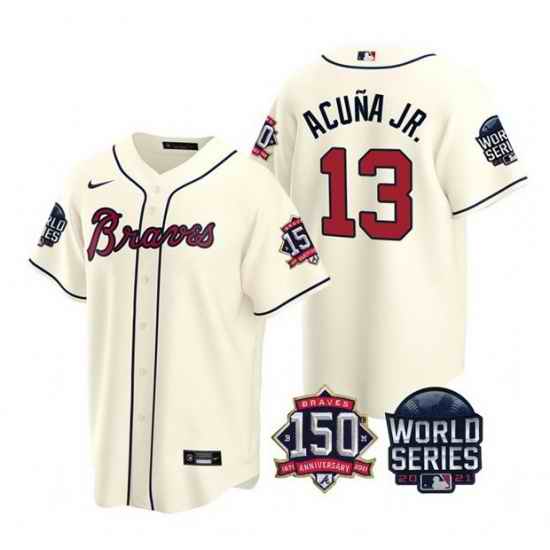 Men Atlanta Braves #13 Ronald Acuna Jr  2021 Cream World Series With 150th Anniversary Patch Cool Base Stitched Jersey