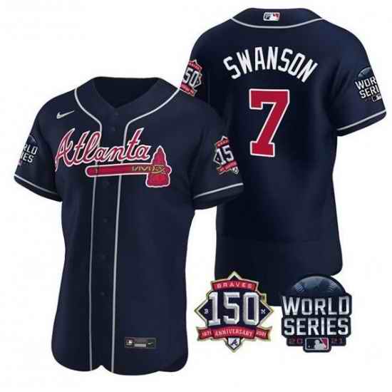 Men Atlanta Braves #7 Dansby Swanson 2021 Navy World Series With 150th Anniversary Patch Stitched Baseball Jersey