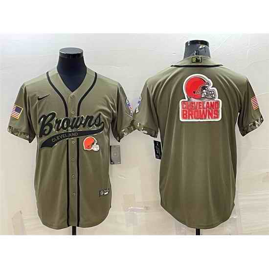 Men Cleveland Browns Olive 2022 Salute To Service Team Big Logo Cool Base Stitched Baseball Jersey