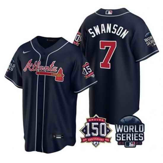 Men Atlanta Braves #7 Dansby Swanson 2021 Navy World Series With 150th Anniversary Patch Cool Base Stitched Jersey