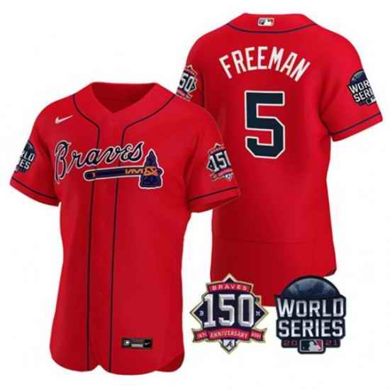 Men Atlanta Braves #5 Freddie Freeman 2021 Red World Series With 150th Anniversary Patch Stitched Baseball Jersey