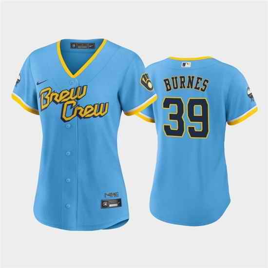 Women Milwaukee Brewers #39 Corbin Burnes 2022 Powder Blue City Connect Cool Base Stitched Jersey 28Run Small 29