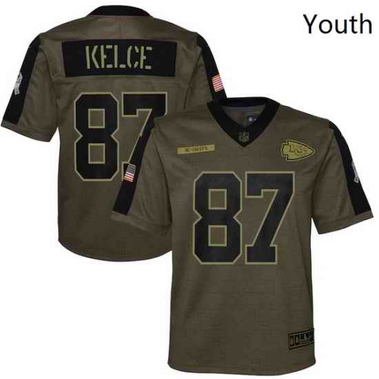 Youth Kansas City Chiefs Travis Kelce Nike Olive 2021 Salute To Service Game Jersey