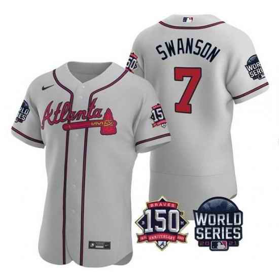 Men Atlanta Braves #7 Dansby Swanson 2021 Gray World Series With 150th Anniversary Patch Stitched Baseball Jersey