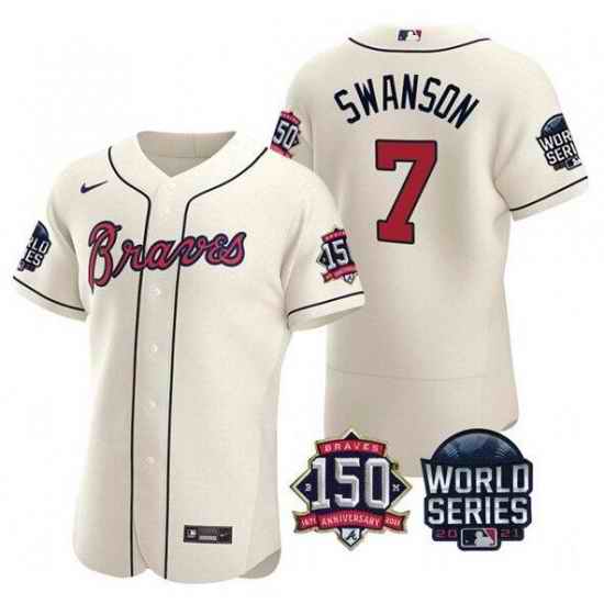 Men Atlanta Braves #7 Dansby Swanson 2021 Cream World Series With 150th Anniversary Patch Stitched Baseball Jersey