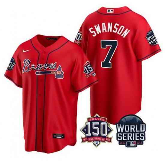 Men Atlanta Braves #7 Dansby Swanson 2021 Red World Series With 150th Anniversary Patch Cool Base Stitched Jersey