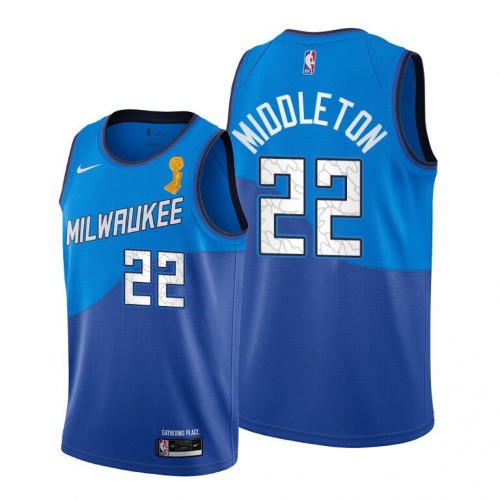 Nike Milwaukee Bucks #22 Khris Middleton Women’s 2021 NBA Finals Champions City Edition Jersey Blue Womens